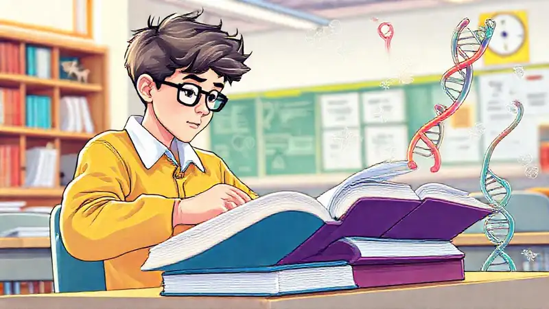Estudiante estudia en aula con libros y ADN