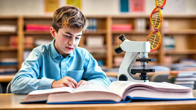 Libro de biología con estudiante y microscopio