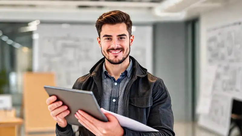 Ingeniero joven con planos y dispositivo digital