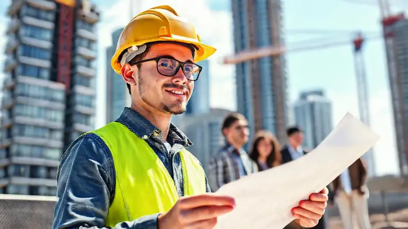 Estudiante de ingeniería en obra con planos