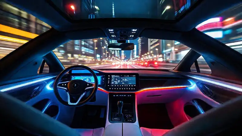 Interior futurista de coche eléctrico moderno y vibrante