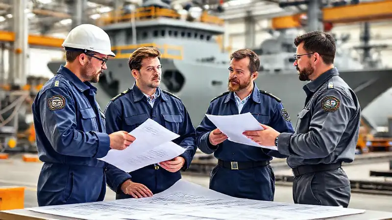 Prácticos navales discuten barcos en taller