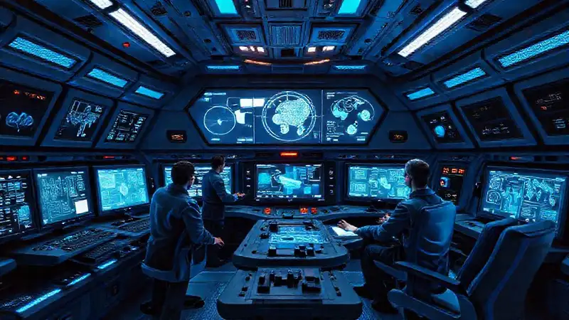 Sala de control futurista con ingenieros analizando