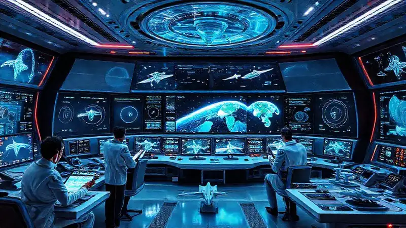 Sala futurista de control aeroespacial tecnológica
