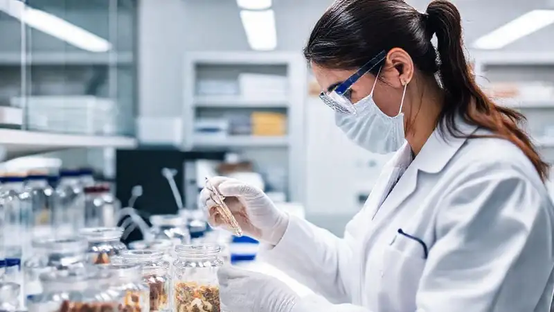 Técnico de laboratorio con muestras preservadas organizada