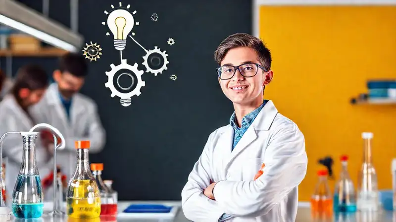 Estudiante innovadora en laboratorio, inspirando con química