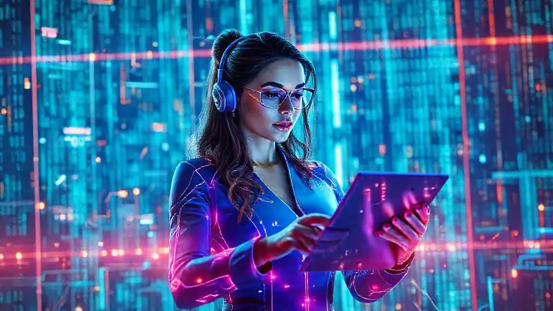 Mujer futurista programando con pantallas holográficas