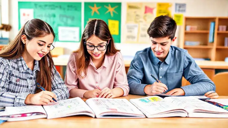 Estudiantes estudian con diagramas y notas coloridas