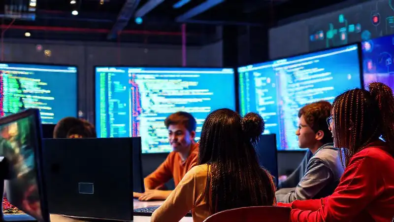 Estudiantes colaborando en un entorno digital dinámico