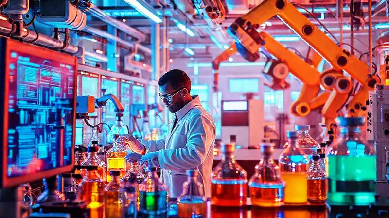 Laboratorio futurista con ingenieros y pantallas digitales