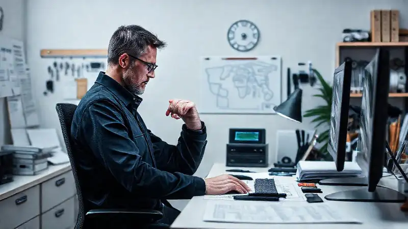 Ingeniero concentrado en oficina minimalista moderna
