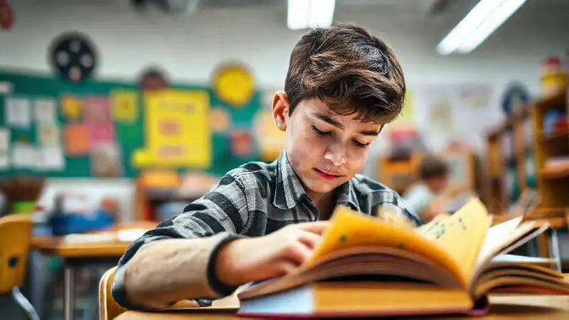 Estudiante motivado en aula vibrante y colorida