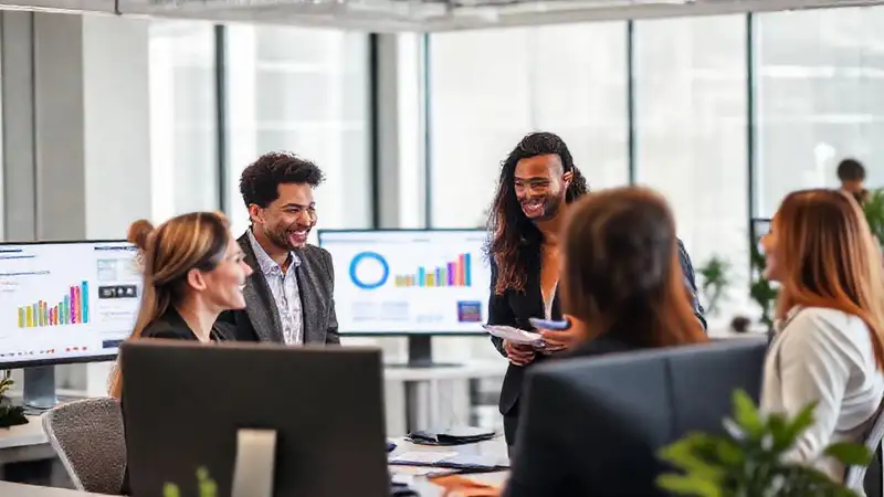 Profesionales colaborando en oficina moderna y vibrante