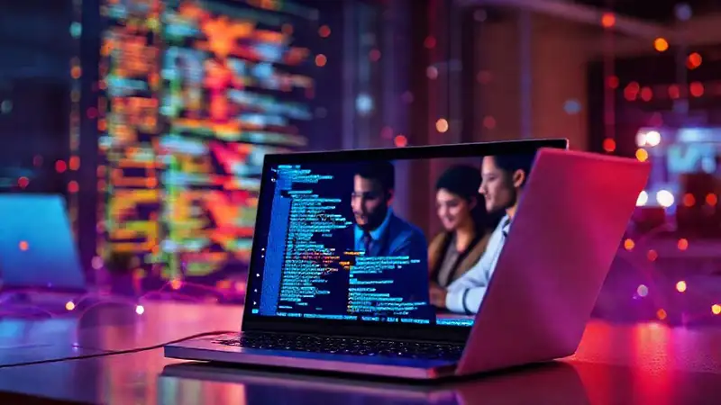 Colaboración digital en entorno moderno y vibrante