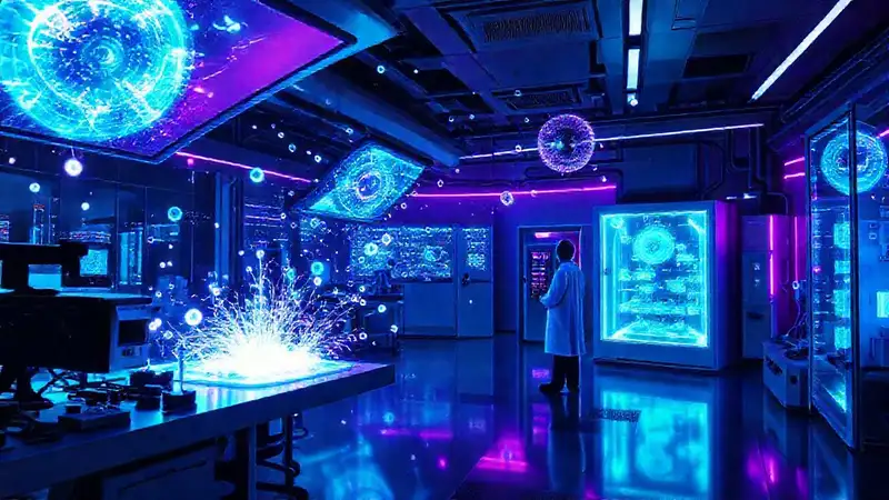 Laboratorio futurista con partículas cuánticas luminosas