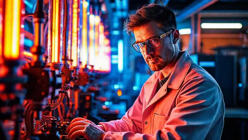 Científico en laboratorio futurista con plasma brillante