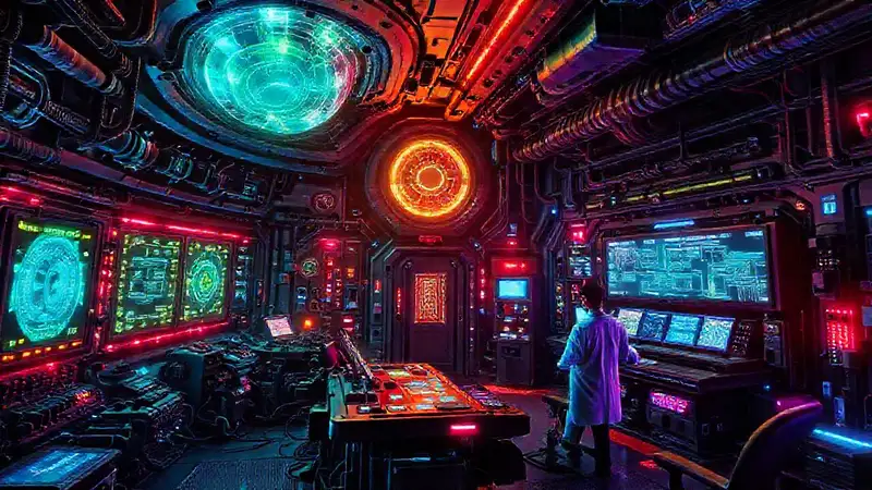 Sala futurista con tecnología avanzada y hologramas