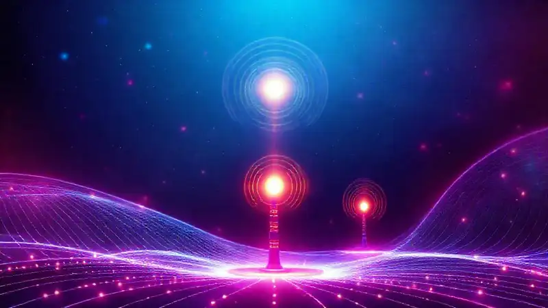 Ilustración de ondas electromagnéticas y antenas futuristas