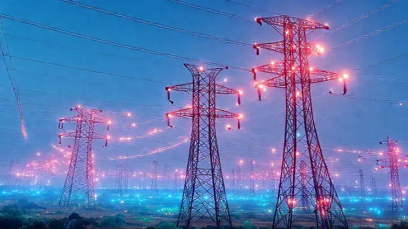 Torres eléctricas y líneas en un entorno futurista