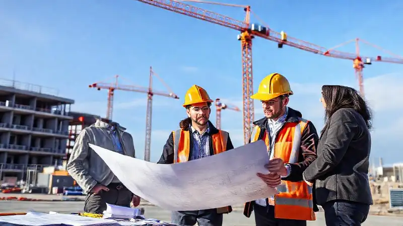 Equipo de ingeniería gestionando proyecto de construcción