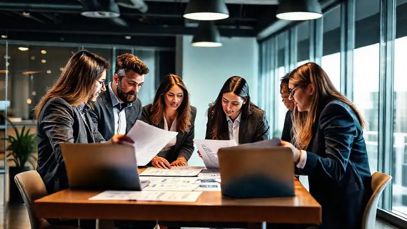 Equipo profesional analiza documentos en oficina moderna