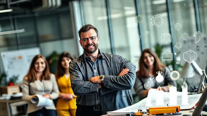 Ingeniero lidera equipo en oficina moderna