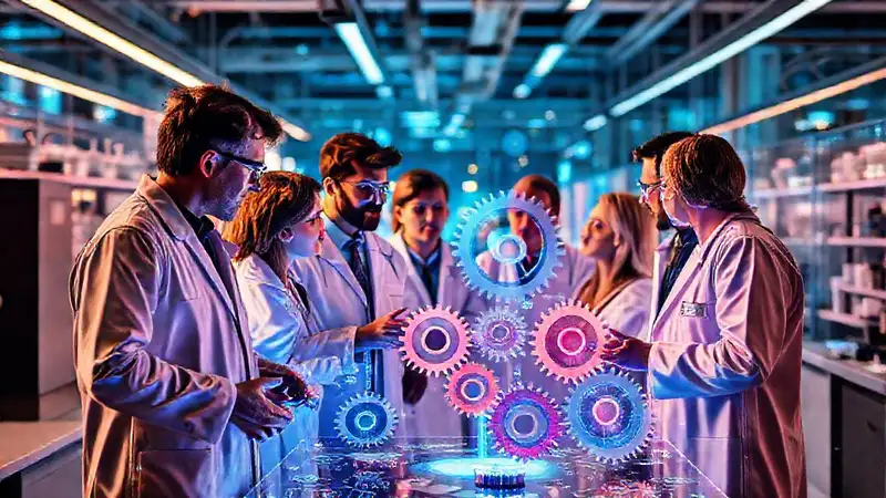 Científicos colaborando con tecnología avanzada y colores