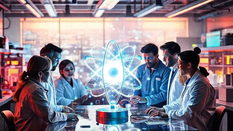 Científicos colaborando en laboratorio futurista avanzado