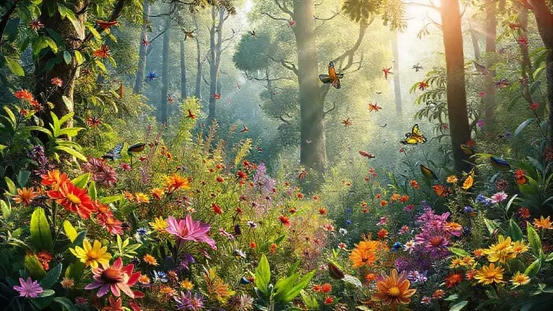 Bosque vibrante, colorido y armonioso lleno de vida