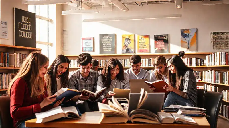 Estudiantes colaborando en moderna y brillante biblioteca
