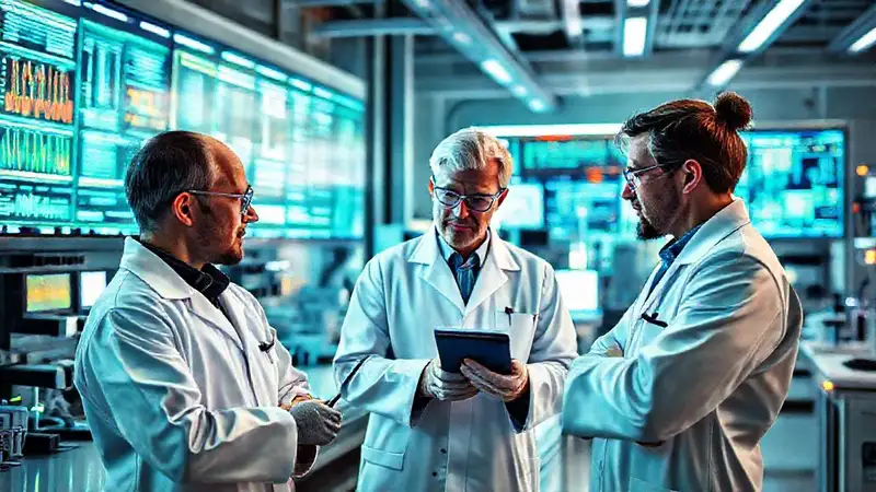 Laboratorio moderno con físicos colaborando tecnológicamente