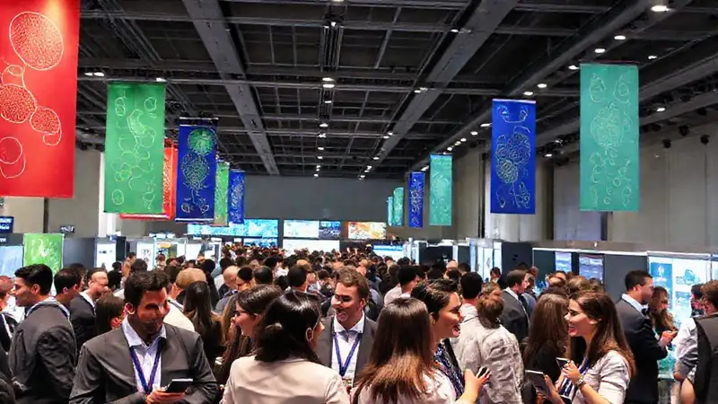 Profesionales networking en un evento científico moderno