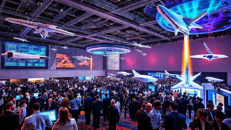 Salón futurista con exhibiciones y networking profesional
