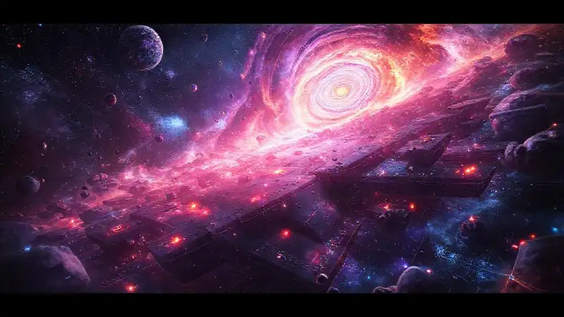 Escena futurista cósmica con galaxias y patrones
