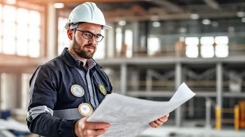 Ingeniero civil revisando planos y certificaciones