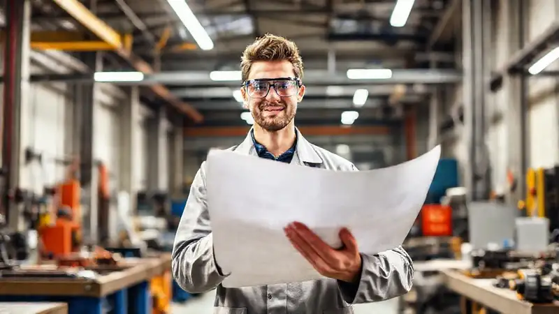 Joven ingeniero en taller con planos y herramientas