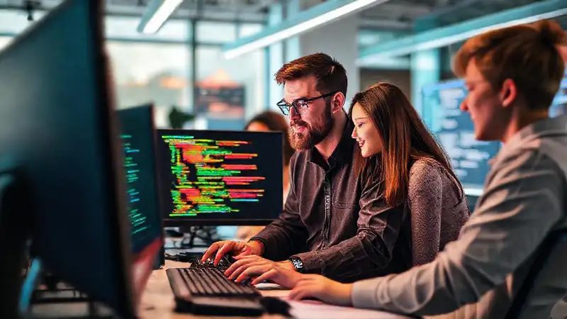 Programadores colaborando en un entorno vibrante