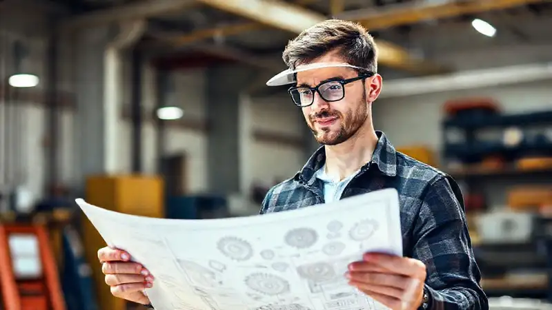 Ingeniero estudiante revisando planos con confianza