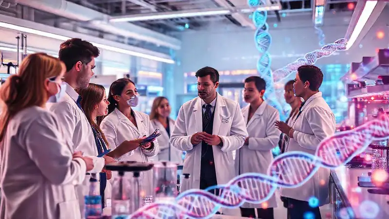 Equipo multidisciplinario en laboratorio futurista avanzado