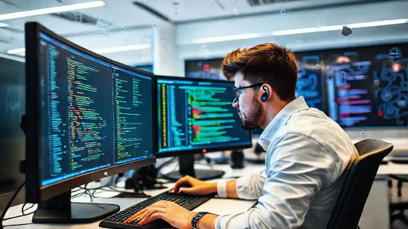 Programador trabajando intensamente en oficina moderna