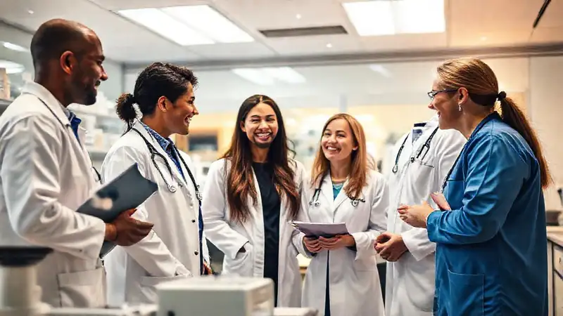 Equipo de salud debate en laboratorio moderno y positivo