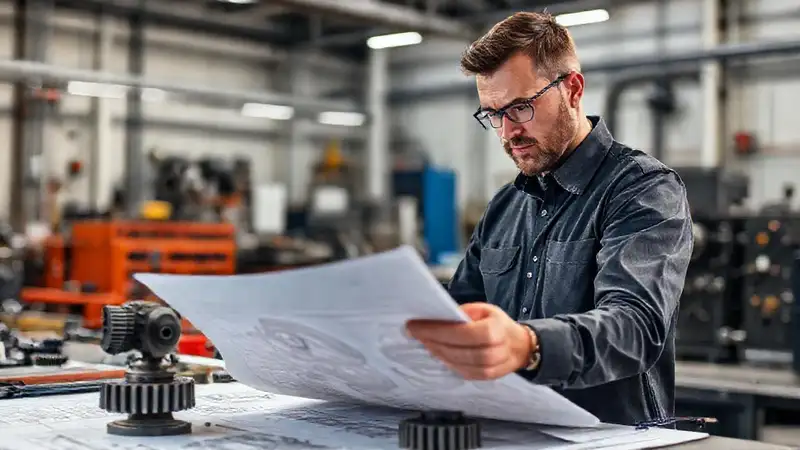 Ingeniero mecánico diseña planos y engranajes