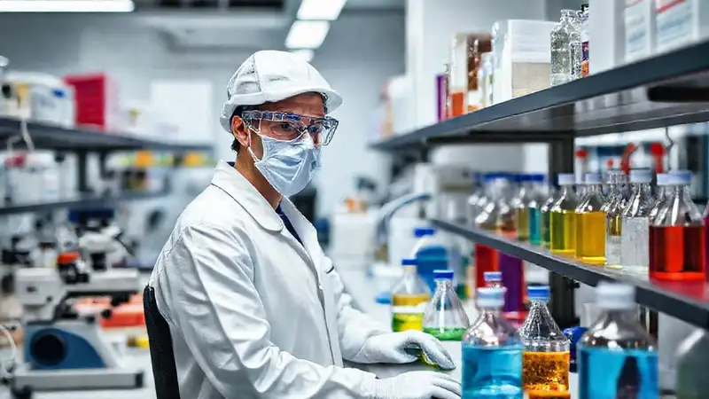 Laboratorio moderno con científico y colores vibrantes