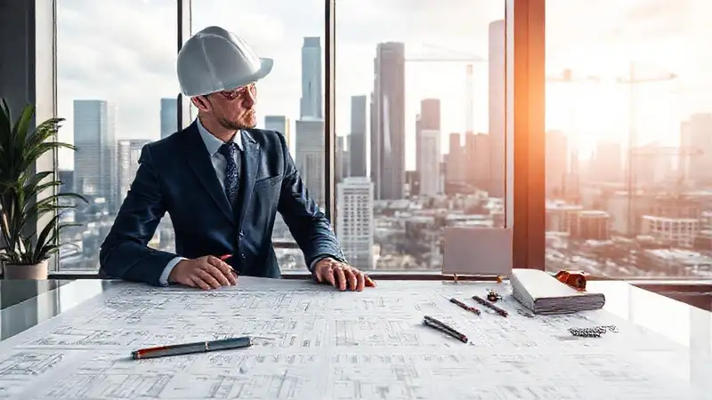 Ingeniero civil planifica obra en oficina moderna