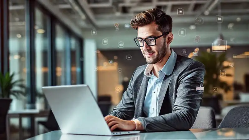Joven profesional en oficina moderna y vibrante