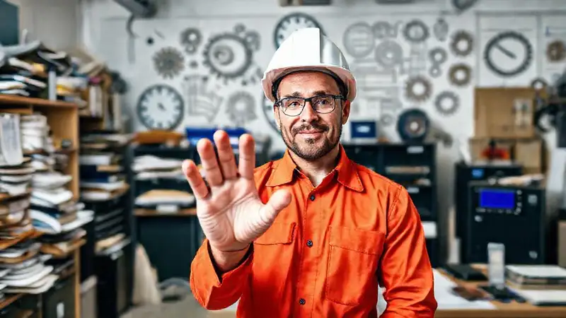 Ingeniero confiado organiza su espacio de trabajo