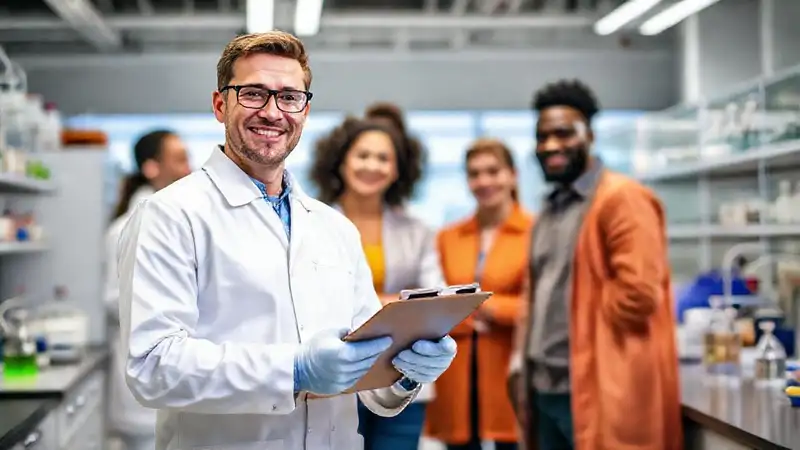 Ingeniero sonriente en laboratorio innovador y colaborativo