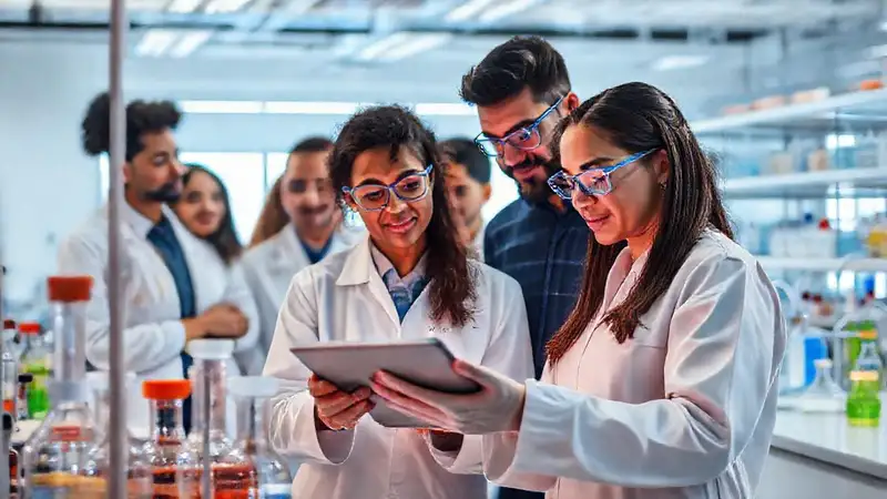Ingeniero analiza fórmulas en laboratorio moderno