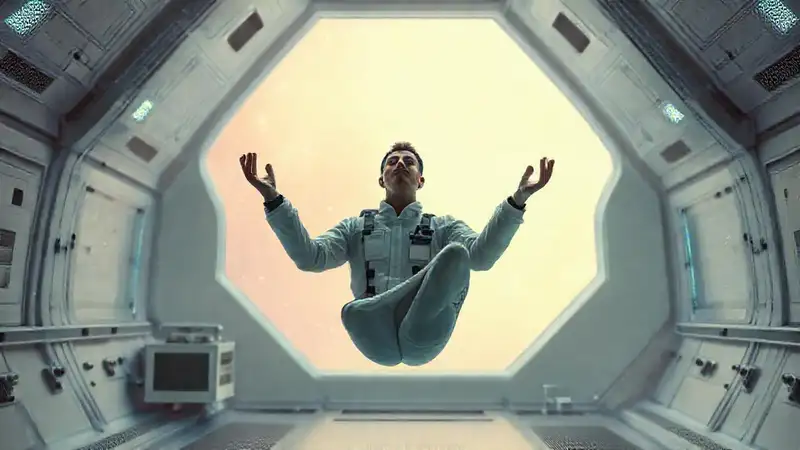 Ingeniero tranquilo en espacio, practicando mindfulness
