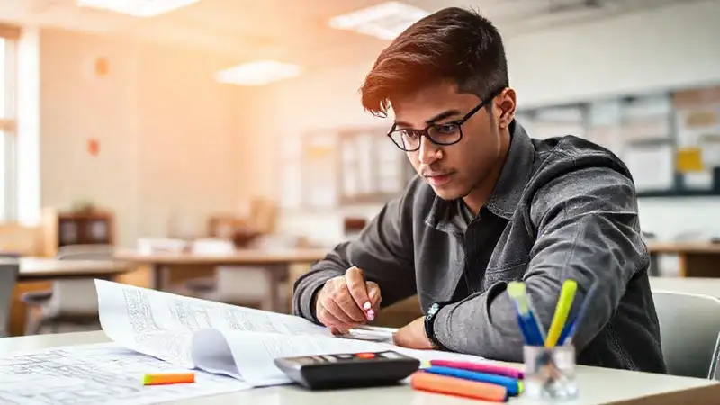 Estudiante estudia en escritorio con planos y calculadora